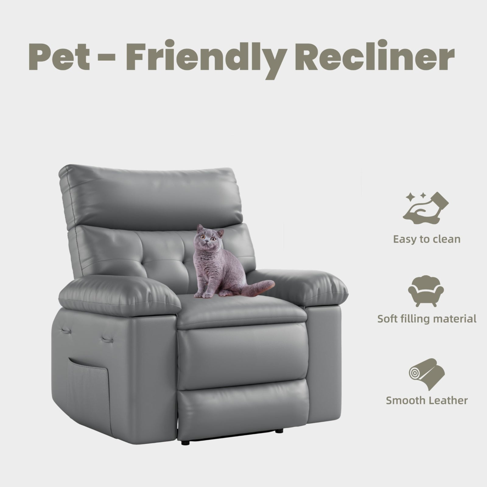 Garvee Oversized Wide Massage Recliner Chair, PU Leather Large Manual Recliner for Adults, Ultimate Comfort Lazy Boy with 1.5X Sponge Filling and Easy Recline Mechanism for Relaxation, Grey