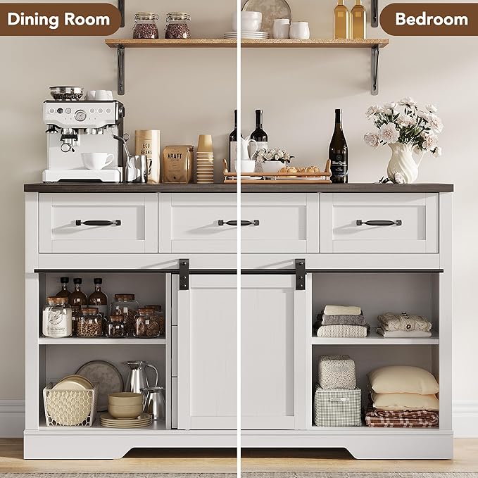 Garvee 6 Drawer Dresser, 47 Inch Farmhouse Chest of Drawer with 2 Sliding Barn Doors, Rustic Wooden Storage Cabinet with Adjustable Shelves for Bedroom Living Room Dining Room