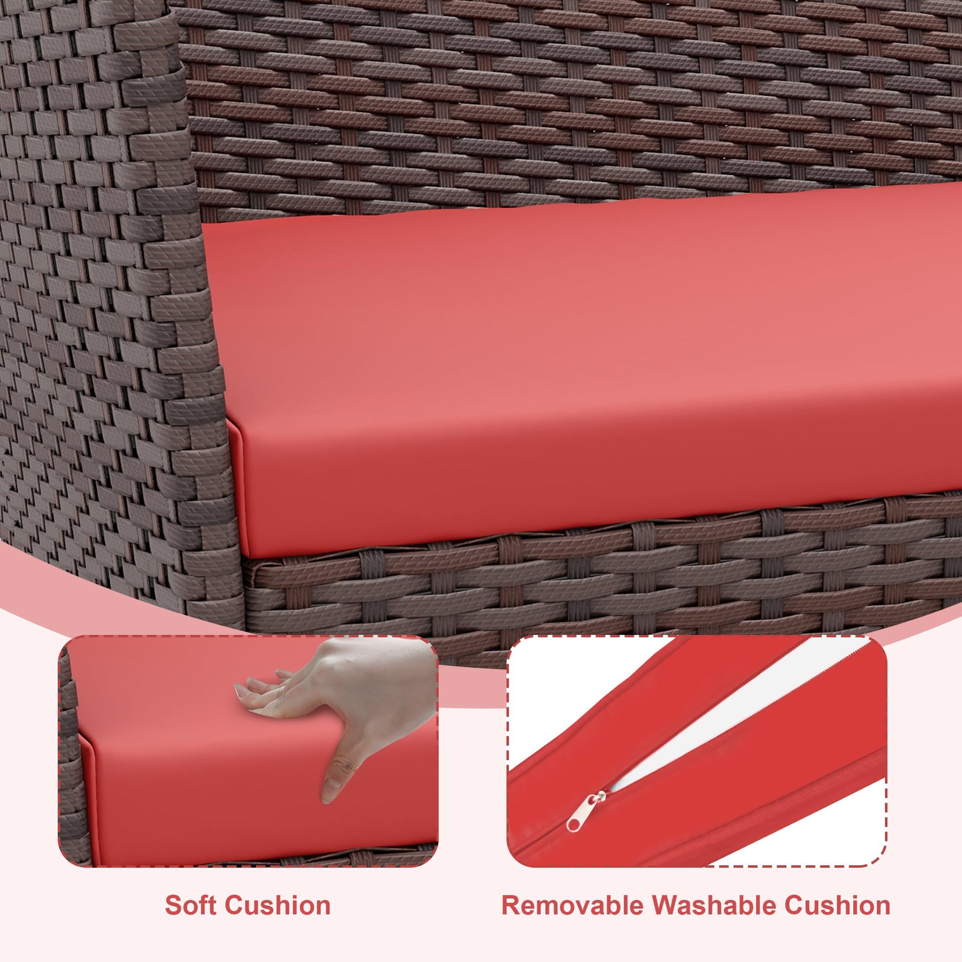 Garvee 4-Piece Rattan Patio Conversation Set with Cushioned Seating & Coffee Table, Brown/Red