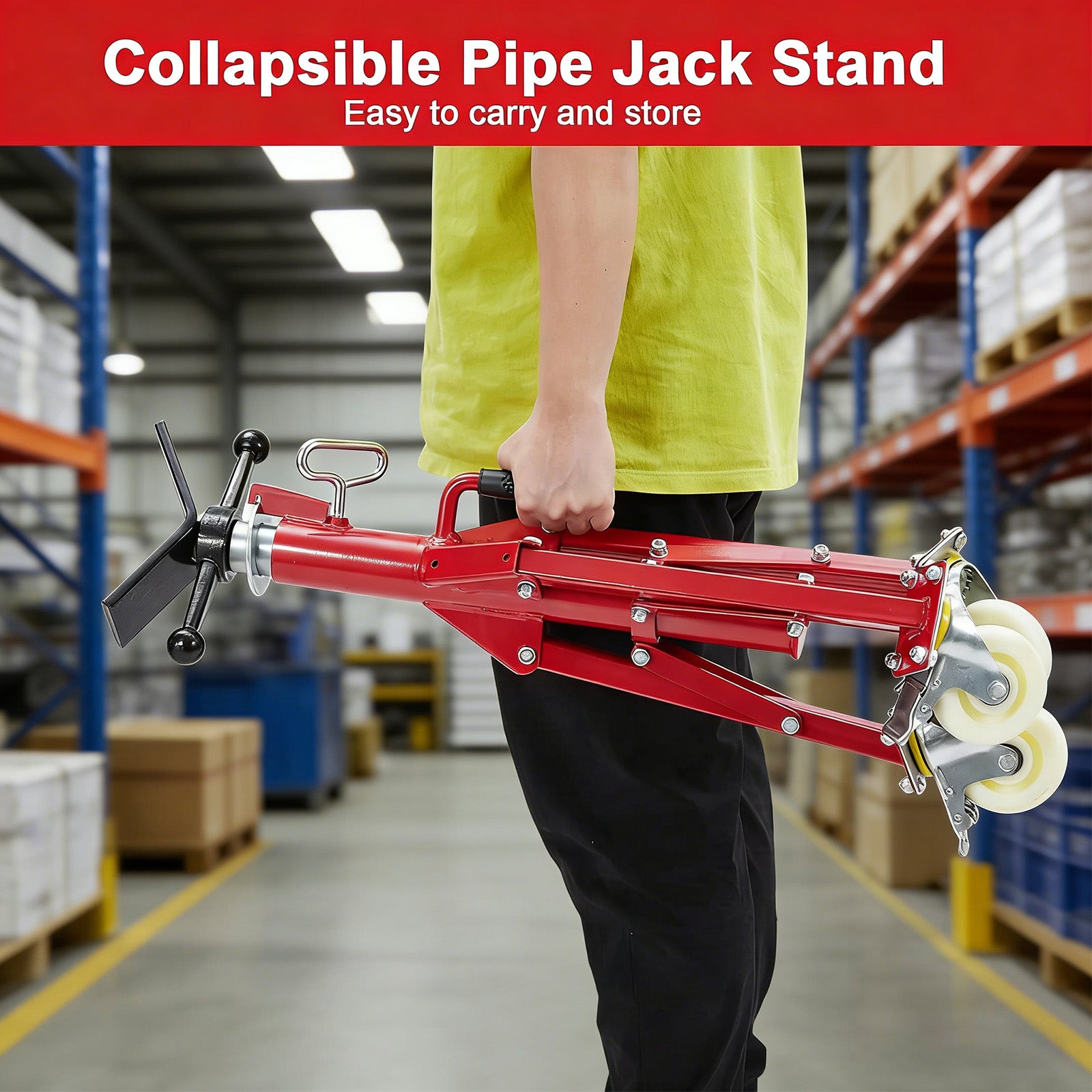 Garvee Adjustable V-Head Pipe Jack Stand with Casters, 28-52 Inch Height, 2500 lb Capacity, Heavy Duty Carbon Steel, Foldable & Portable, Corrosion-Resistant, Suitable for Various Applications