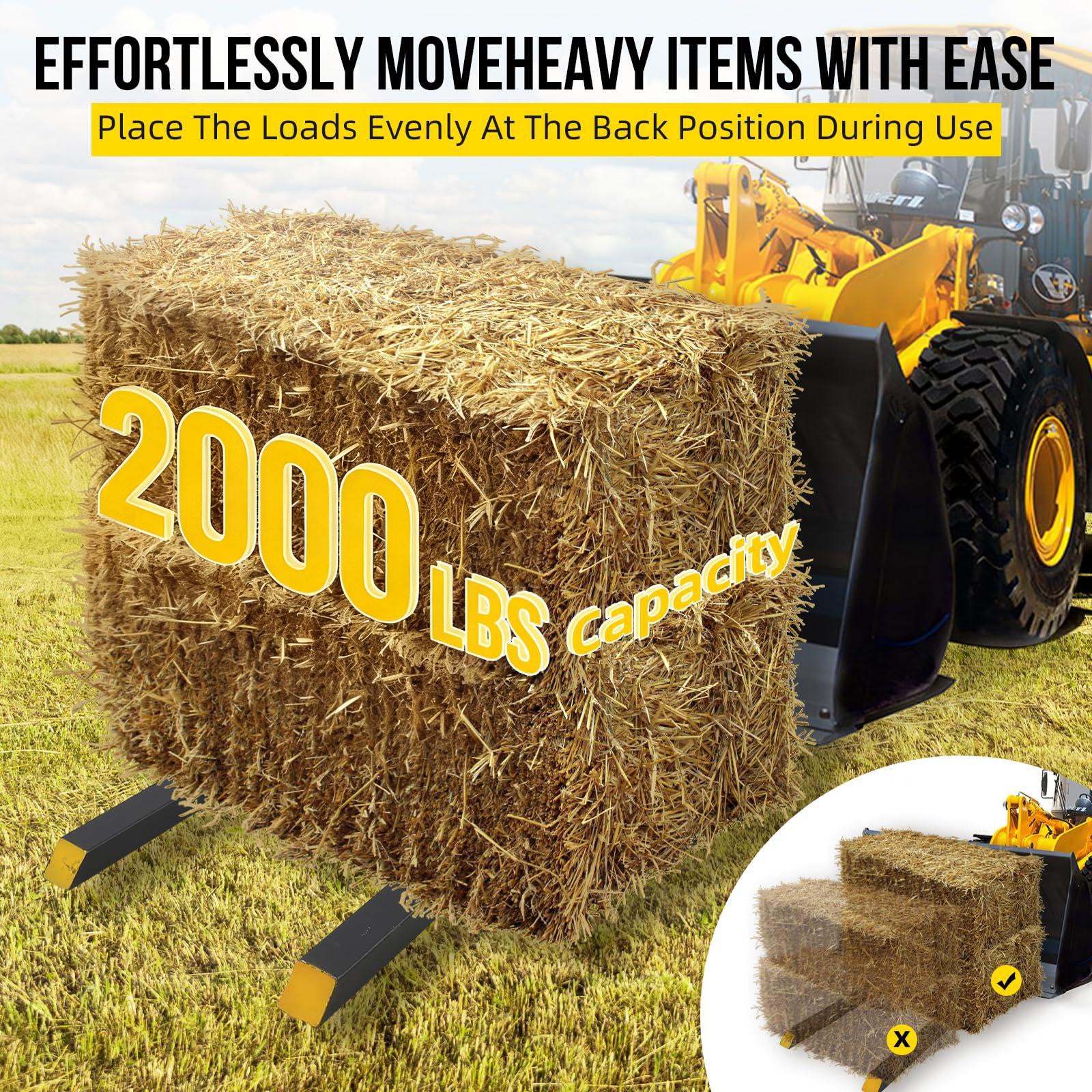 Garvee 60" Heavy Duty Pallet Forks 2000 lbs Capacity Adjustable Stabilizer Bar High-Strength Iron Tubes Universal Fit Loader Skid Steer Farm & Construction
