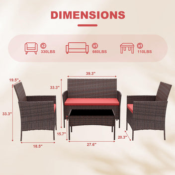 Garvee 4-Piece Rattan Patio Conversation Set with Cushioned Seating & Coffee Table, Brown/Red