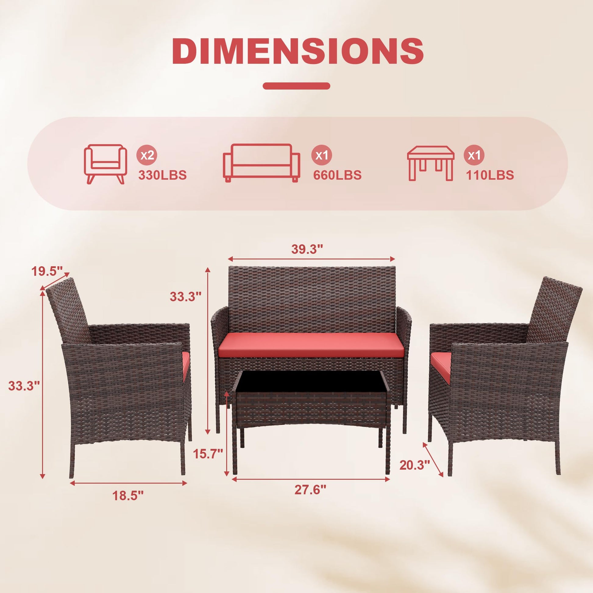 Garvee 4-Piece Rattan Patio Conversation Set with Cushioned Seating & Coffee Table, Brown/Red