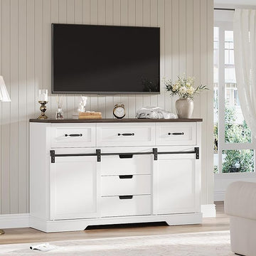 Garvee 6 Drawer Dresser, 47 Inch Farmhouse Chest of Drawer with 2 Sliding Barn Doors, Rustic Wooden Storage Cabinet with Adjustable Shelves for Bedroom Living Room Dining Room