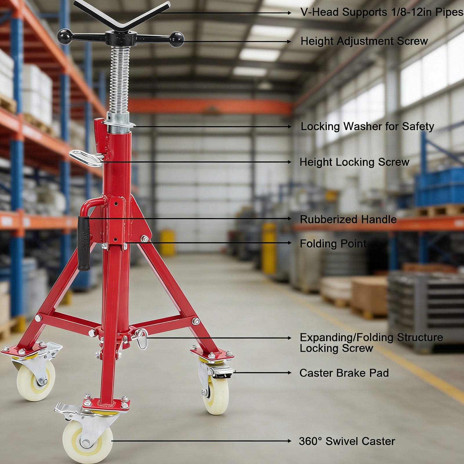 Garvee Adjustable V-Head Pipe Jack Stand with Casters, 28-52 Inch Height, 2500 lb Capacity, Heavy Duty Carbon Steel, Foldable & Portable, Corrosion-Resistant, Suitable for Various Applications
