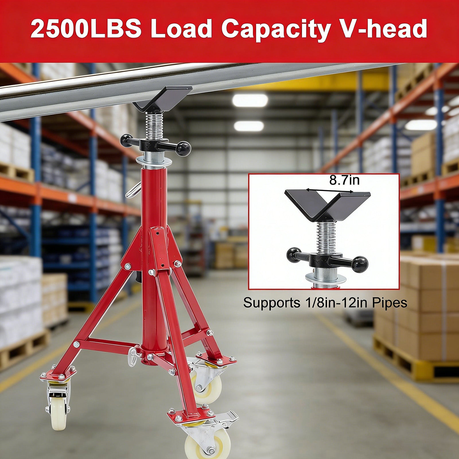 Garvee Adjustable V-Head Pipe Jack Stand with Casters, 28-52 Inch Height, 2500 lb Capacity, Heavy Duty Carbon Steel, Foldable & Portable, Corrosion-Resistant, Suitable for Various Applications