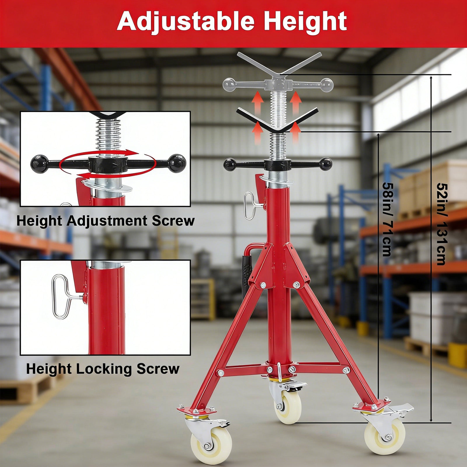Garvee Adjustable V-Head Pipe Jack Stand with Casters, 28-52 Inch Height, 2500 lb Capacity, Heavy Duty Carbon Steel, Foldable & Portable, Corrosion-Resistant, Suitable for Various Applications