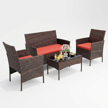 Garvee 4-Piece Rattan Patio Conversation Set with Cushioned Seating & Coffee Table, Brown/Red