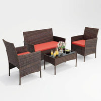 Garvee 4-Piece Rattan Patio Conversation Set with Cushioned Seating & Coffee Table, Brown/Red