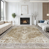 Garvee Living Room Machine Washable Non Slip Low Pile Lightweight Chenille Print Rug Vintage Retro Rugs for Bedroom Dining Room Home Office - Camel
