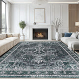 Garvee Living Room Machine Washable Non Slip Low Pile Lightweight Chenille Print Rug Vintage Retro Rugs for Bedroom Dining Room Home Office - Green