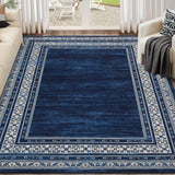Garvee Bordered Navy Blue 9x12 Large Washable Thin Area Rug Soft Low Pile Non Shedding Floor Carpet Modern Anti Slip Rug, Distressed Geometric Bordered Rug for Living Room, Bedroom, Office - Navy Blue