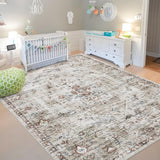 Garvee Area Rugs 8x10 Non-slip Vintage Printed Thin Indoor Carpet, Machine Washable Oriental Accent Living Room Carpet, Non Shedding Low Pile Faux Wool Rug for Bedroom, Office, Brown - Brown