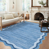Garvee Modern Abstract Area Rug 9x12 Large Scalloped Washable Rug for Living Room, Non-Slip Non-Shedding Soft Floor Carpet, Low-Pile Foldable Print Rug for Nursery Home Office, Blue - Blue