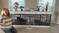 Garvee 78.7" Double Dog Crate Furniture with Storage and 4 Doors, Dog Kennel Indoor with Feeding Bowls, Wood Dog Crate TV Stand for Small Medium Dogs, White&Brown Top