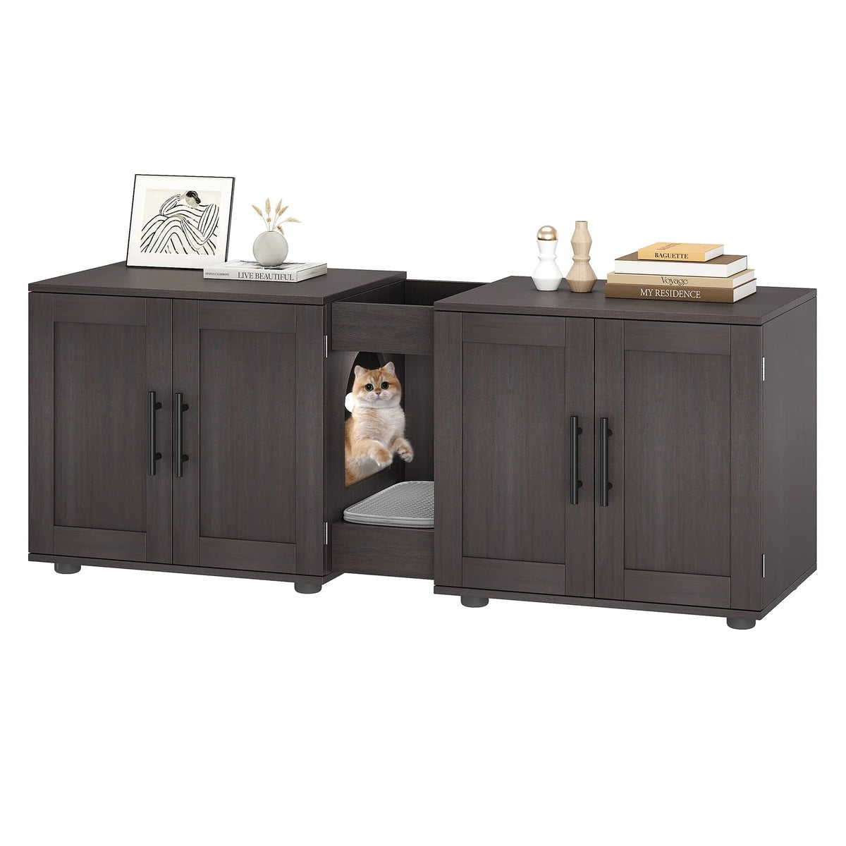 Garvee Hidden Litter Box Enclosure for 2 Cats, Double Room Cat Furniture Cabinet with Storage Groove & Odor-Reducing Mat, Wooden Cat Washroom Bench for Living Room, Dark Walnut