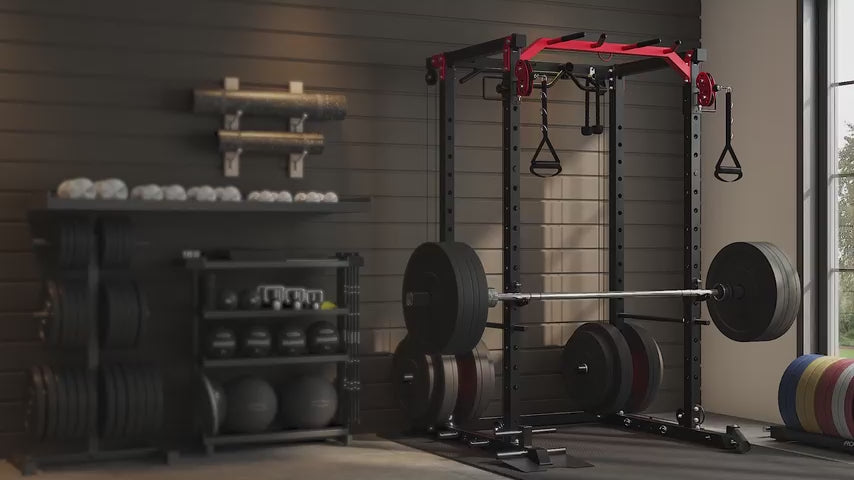 Garvee Power Cage Power Rack with Dual Pulley System Multi-Function Squat Rack with Cable Crossover for Home Gym Black