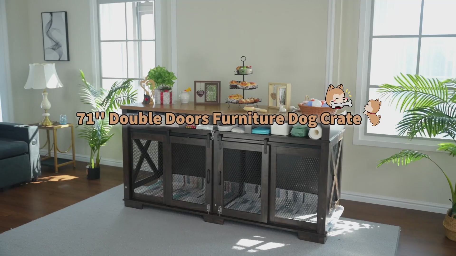 Garvee Dog Crate Furniture, 71" Heavy Duty Dog Kennel Furniture with 3 Storages and Removable Divider, Furniture Style Double Dog Crate Table Indoor TV Stand for Large Medium Dogs, Dark Walnut
