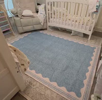 Garvee Scalloped Blue 3x5 Area Rug Washable Non-Slip Low-Pile Indoor Rug Solid Blue Modern Minimalism Carpet for Bedroom Living Room Kitchen Bathroom Door Mat