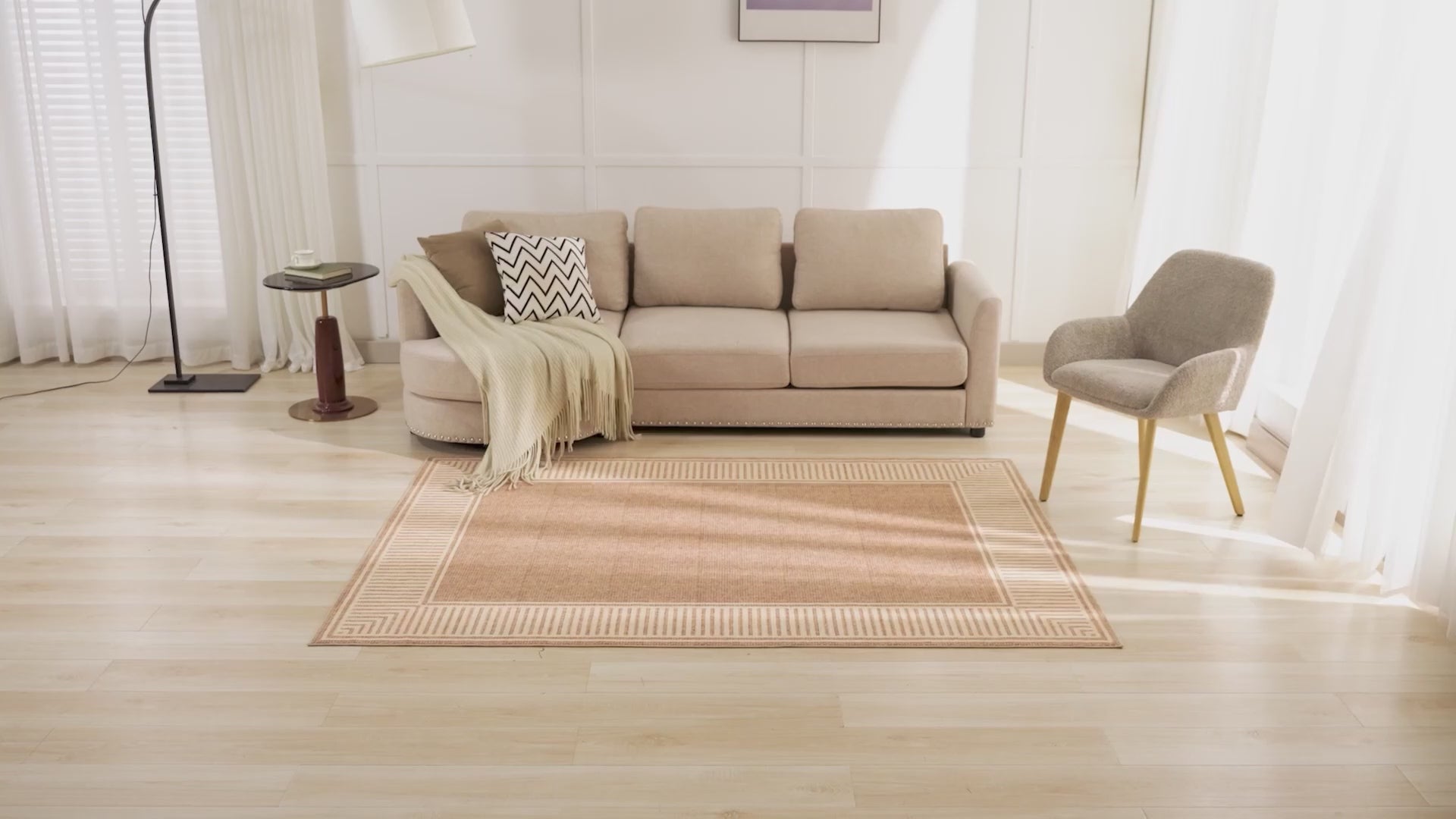 Garvee Bordered Khaki 5x7 Washable Rug for Bedroom Large Living Room Rug with Rubber Backing Casual Striped Border Throw Carpet Modern Contemporary Area Rug for Dining Room Nursery Entry, Khaki