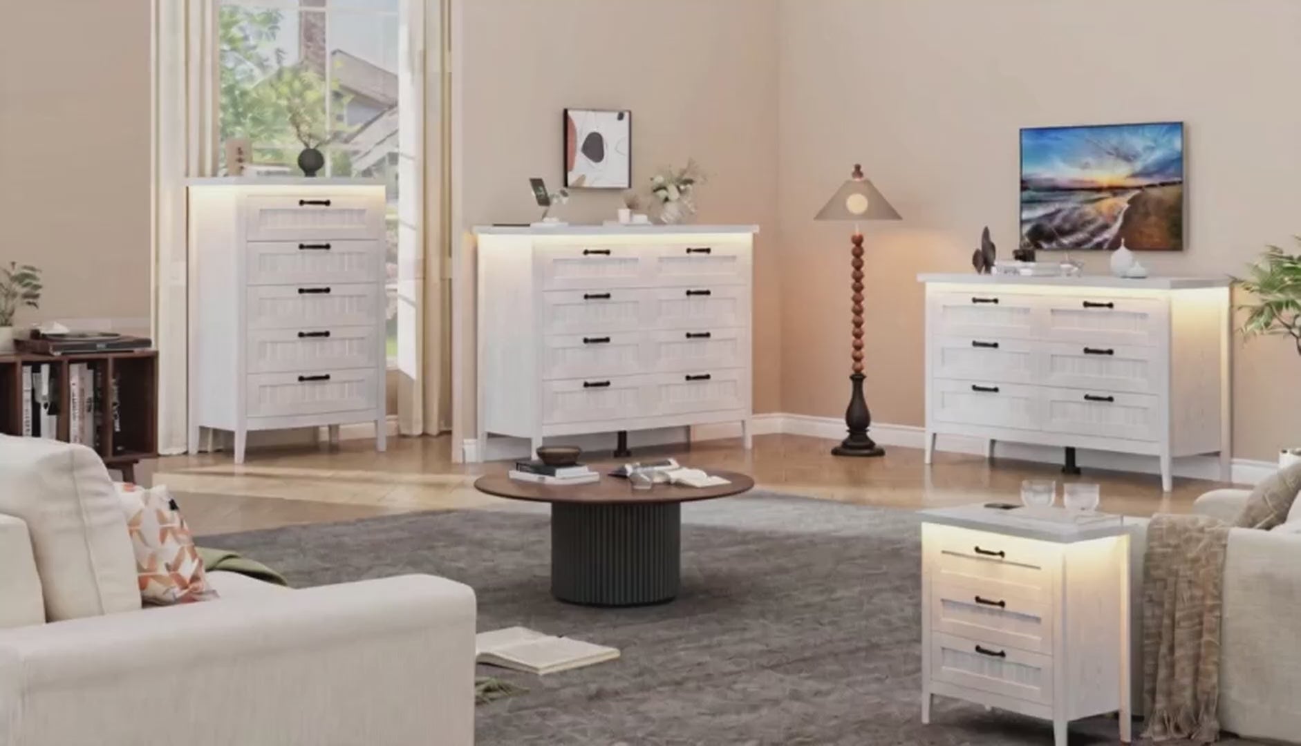 Garvee 8 Drawer Dresser with Power Outlet, White Dresser with LED Light, Modern Chest of Drawers for Closet, Double Wide Drawer Organizer Cabinet for Bedroom, Living Room