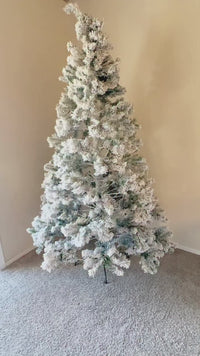 Garvee 6ft Pre-Lit Flocked Christmas Tree, Artificial Christmas Tree with Warm White Lights, Realistic Flocked Xmas Tree with Metal Hinges and Foldable Base for Home & Office Decor