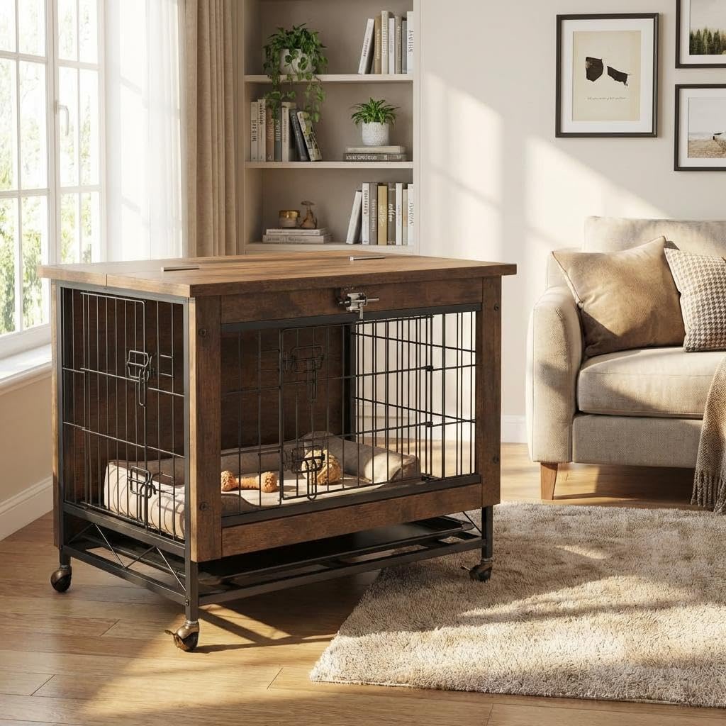 Garvee Small Dog Crate Furniture with 2 Doors and Wheels, Top-Opening Heavy Duty Wooden Indoor Kennel Dog House Cage with Anti-Chew, Removable Tray, Side End Table for Small Medium Dogs, Brown