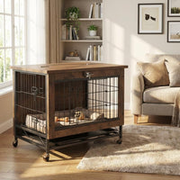 Garvee Small Dog Crate Furniture with 2 Doors and Wheels, Top-Opening Heavy Duty Wooden Indoor Kennel Dog House Cage with Anti-Chew, Removable Tray, Side End Table for Small Medium Dogs, Brown