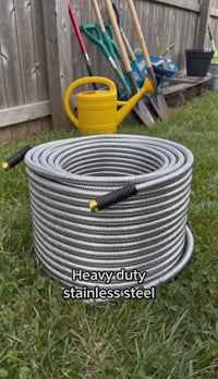 Garvee 50FT Heavy Duty Stainless Steel Garden Hose – Flexible, Kink-Free Metal Water Hose with 10-Function Nozzle, Leak-Proof, Rust-Proof, Lightweight, Sturdy Brass 3/4'' Connectors