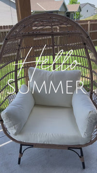 Garvee Wicker Egg Chair, Egg Basket Lounge Chair with Thick Cushion, Egg Shaped Seat with Metal Stand for Indoor Outdoor Patio Porch Backyard, Off-white