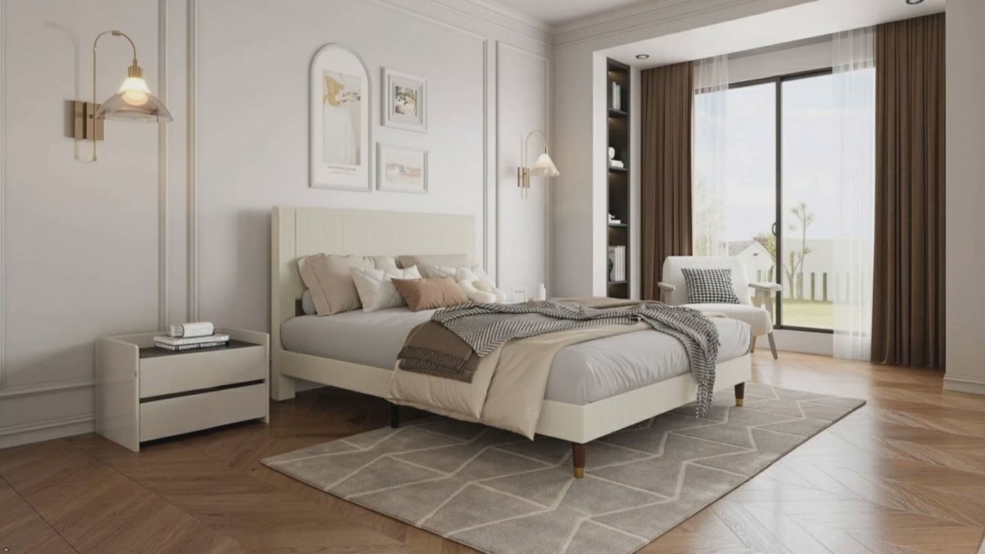 Garvee Queen Bed Frame with Headboard, Corduroy Upholstered Platform Bed with Wooden Slats Support - No Box Spring Needed & Noise Free, Easy Assembly, for Bedroom Apartment, Beige
