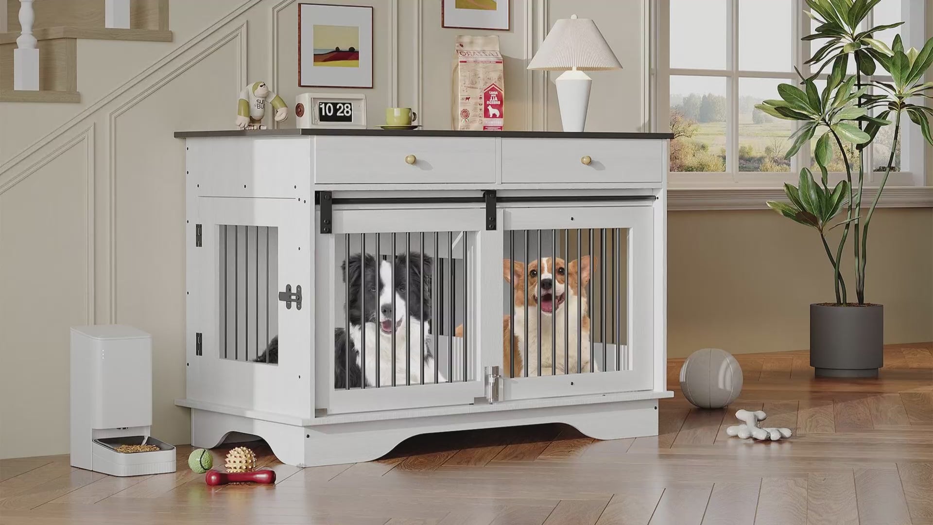 Garvee 47 in Dog Furniture Crate, Large Furniture Style Dog Crate w/ 2 Storage Draws & Removable Divider & Triple Door Design for Large/Medium/Small Dogs, White+Brown Table Top