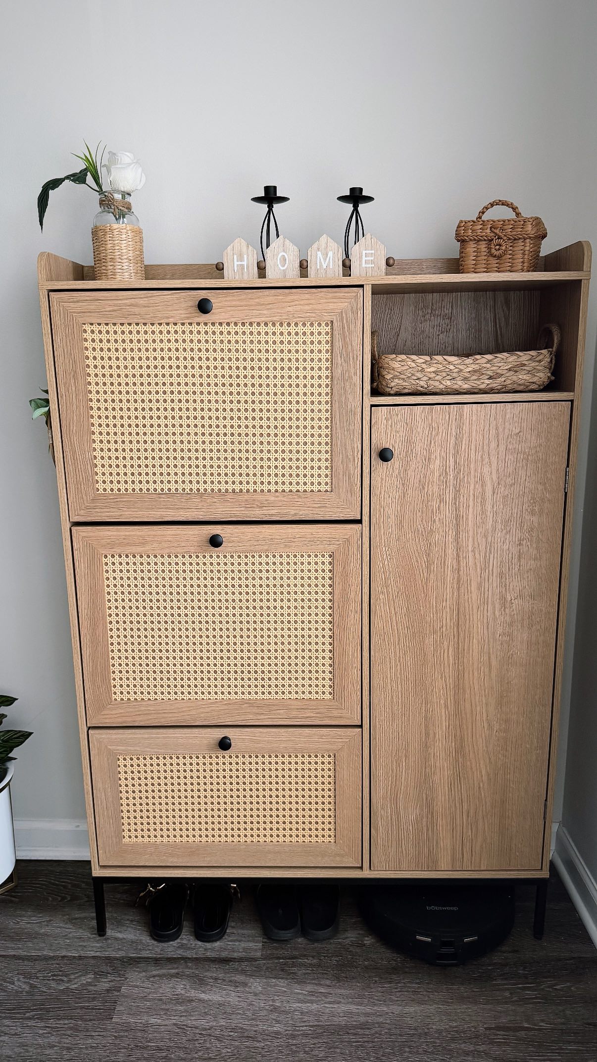 Garvee Rattan Shoe Storage Cabinet with 3 Flip Drawers, Freestanding Organizer with Adjustable Shelves for Entryway, Narrow Shoe Rack Cabinet for Hallway, Easy Assembly, Oak