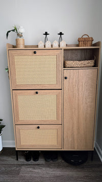 Garvee Rattan Shoe Storage Cabinet with 3 Flip Drawers, Freestanding Organizer with Adjustable Shelves for Entryway, Narrow Shoe Rack Cabinet for Hallway, Easy Assembly, Oak