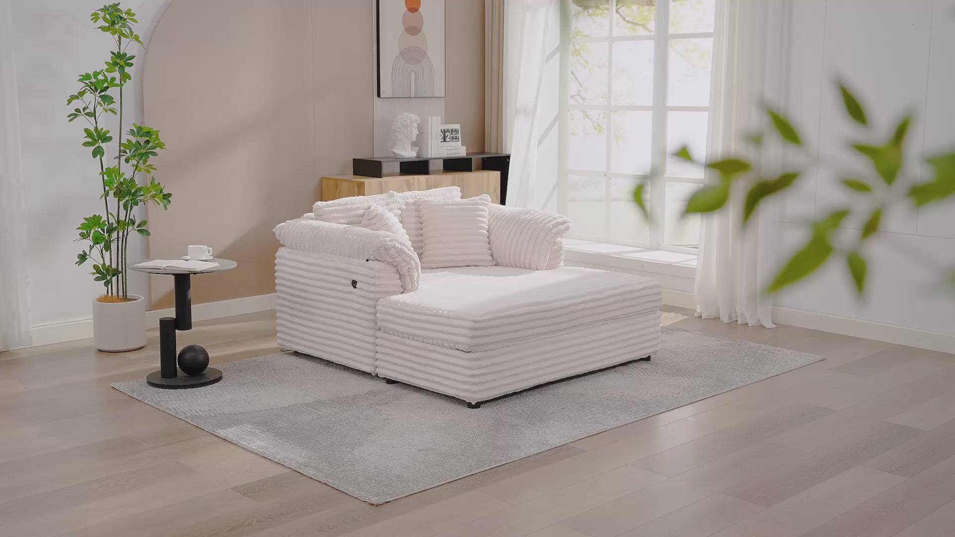 Garvee Oversized Chaise Lounge Chair, Upholstered Sofa Bed with USB Port Throw Pillows Supportive Armrests, Indoor Comfy Corduroy Cloud Sleeper Couch for Living Room, Beige
