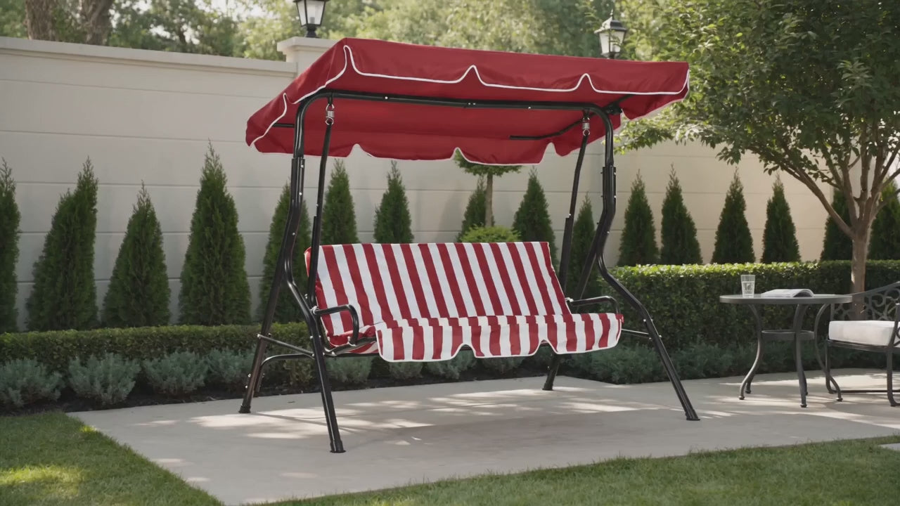 Garvee 3-Seat Outdoor Porch Swing Chair with Adjustable Canopy, Heavy-Duty Metal Frame Patio Swing for Backyard, Lawn & Porch,Red Stripe