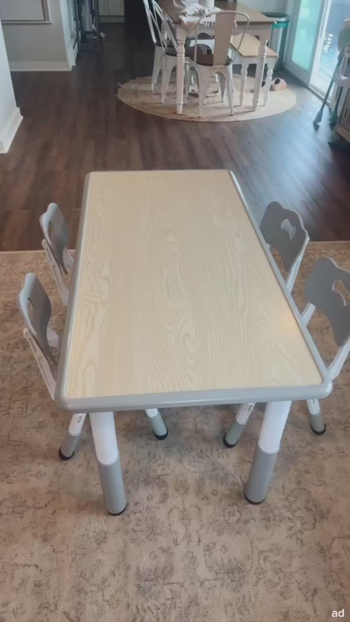 Garvee Kids Table and 4 Chairs Set in Wood Grain Design, Height Adjustable Toddler Table and Chair Set Suitable for Ages 2-10 for Home Daycare Preschool, Grey