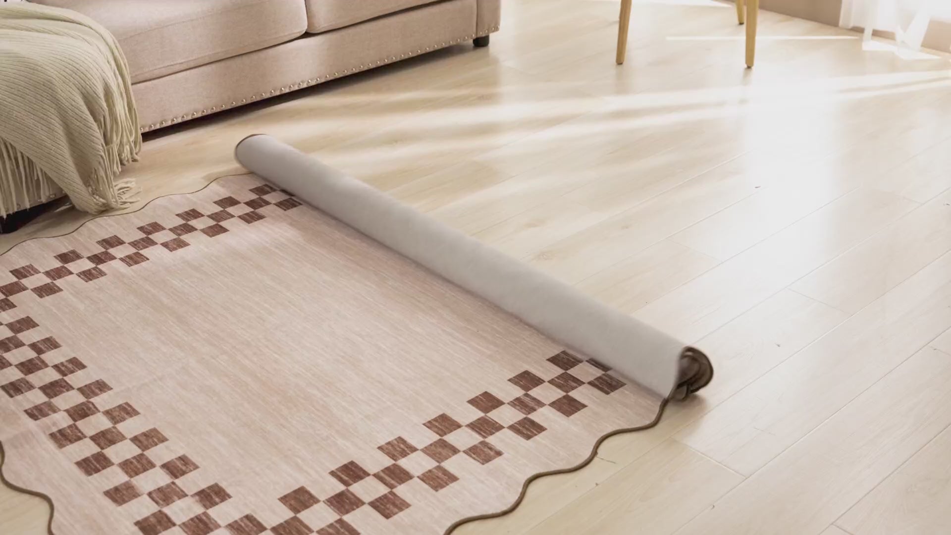 Garvee Bordered Beige 9x12 Scalloped Washable Area Rug for Living Room Modern Border Large Bedroom Throw Carpet with Rubber Backing Stain Resistant Boho Rug for Dining Room Home Decor Office