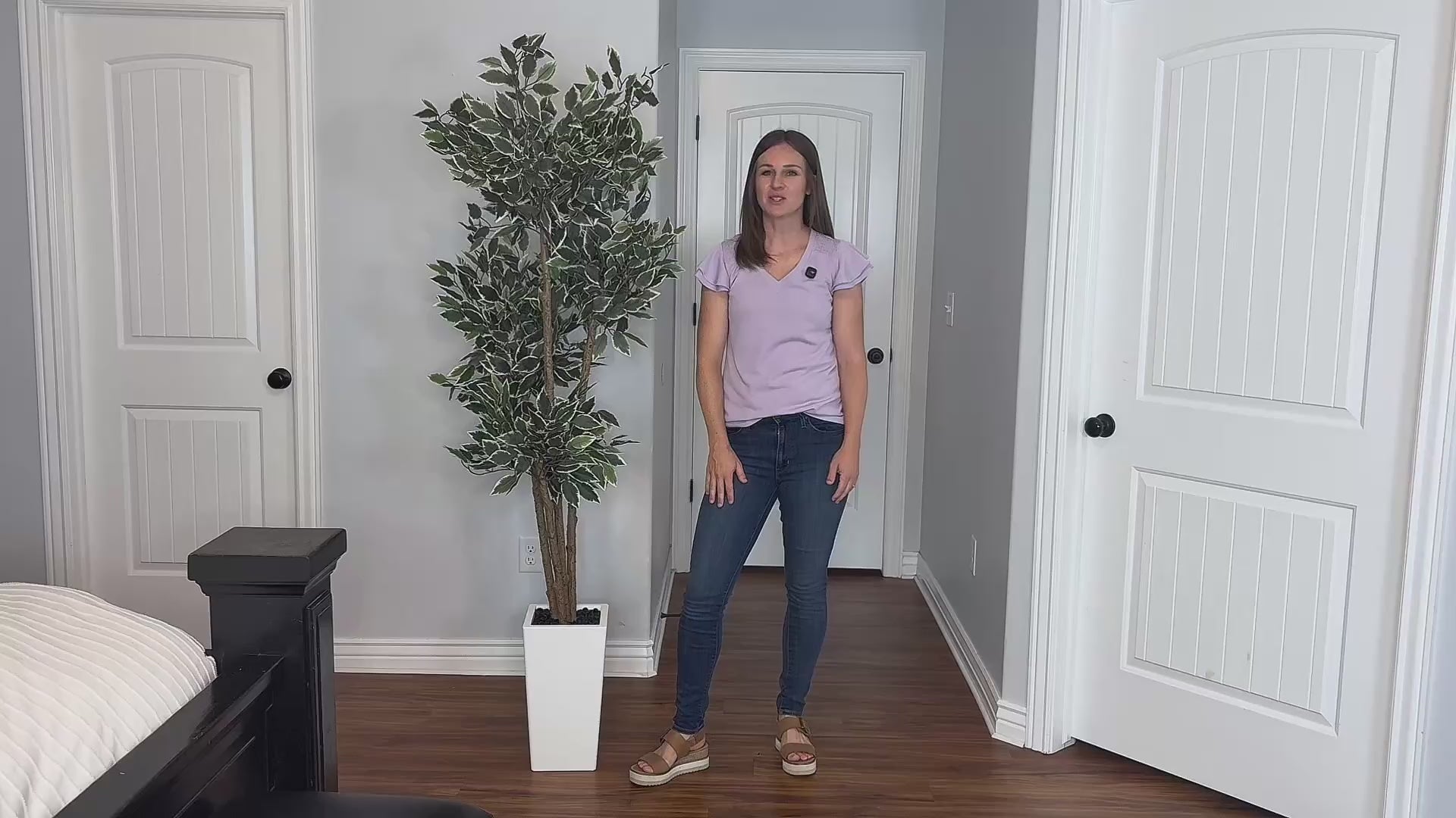 Garvee 6ft Artificial Ficus Tree, Tall Faux Floor Plant with White Tall Planter, Indoor Fake Plants with 4 Natural Trunks & White-Edged Leaves, Faux Greenery Tree for Home Garden Decor