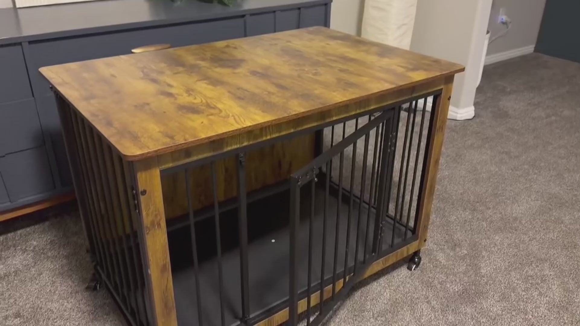 Garvee 38.6" Heavy Duty Dog Crate Furniture with  3 Doors & Wheels, Rustic Indoor Kennel Furniture Pet Crate with Carbon Steel Bars & Removable Tray for Small to Medium Dogs