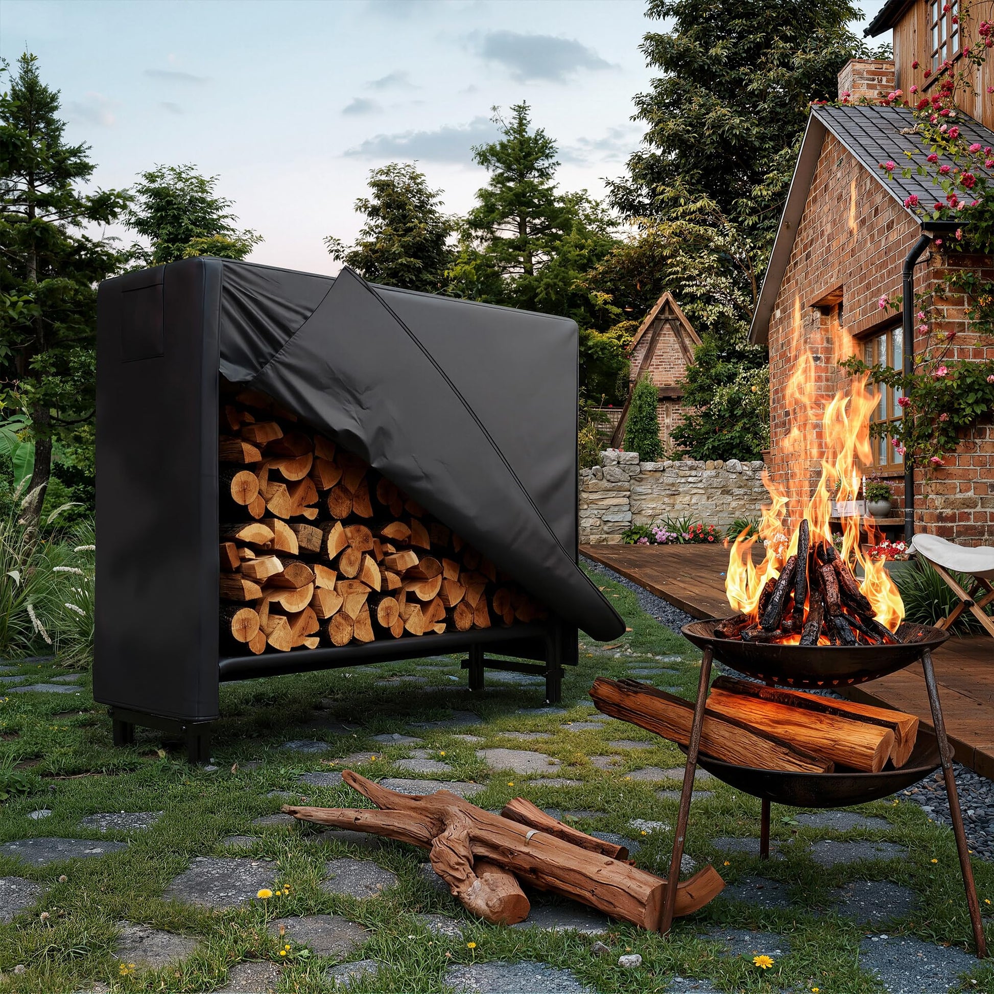 Garvee Heavy Duty 4Ft Firewood Rack Outdoor with Cover Large Steel Log Holder for Patio/Backyard, Weatherproof Wood Storage with Ventilated Design, Easy Assembly No Tools Needed