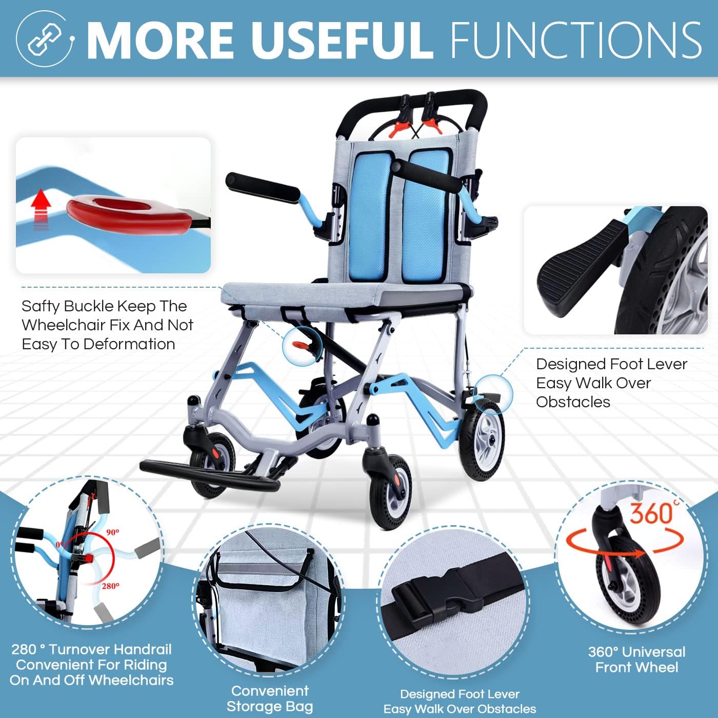 Garvee Ultra Lightweight Transfer Chair, 19 lbs Folding Aluminum Wheelchair with 280° Flip-Up Armrests, Locking Handbrake, 220 lb Capacity, 16.5" Seat, Swinging Footrests, Portable Travel Wheelchair for Elderly & Caregivers