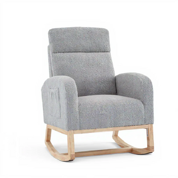 Garvee Nursery Wingback Rocking Glider Chair, Upholstered Accent Rocker Chair, Tall Back Arm Chair with Pockets, Rubber Wood Legs and Side Pocket for Living Room, Grey