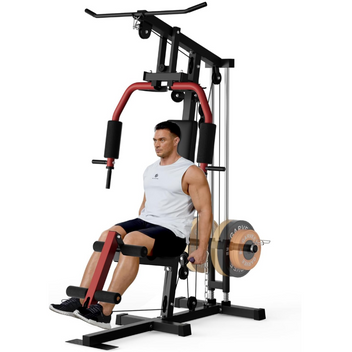 GARVEE Home Gym Machine, Multifunctional Full Body Workout Equipment with Pulley System,Leg Press Support for Strength Training, Workout Station Suit for 1“&2” Holes of Weight Plates (Not Includ), Red&Black