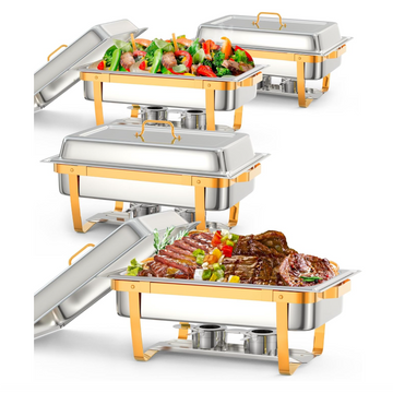 Garvee 8QT Chafing Dish Buffet Set (4-Pack) - Foldable Food Warmers with Spoons & Tweezers for Weddings, Parties, Banquets, and Catering Events (Gold)