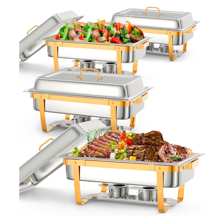Garvee 8QT Chafing Dish Buffet Set (4-Pack) - Foldable Food Warmers with Spoons & Tweezers for Weddings, Parties, Banquets, and Catering Events (Gold)