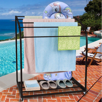 Garvee Pool Towel Rack Outdoor with Wheels,PVC Trapedozal Outdoor Towel Rack for Pool,5 Bar Curved Towel Rack - Free Standing Poolside Storage Organizer,Towel Stand for Beach,Pool,Indoor,Black