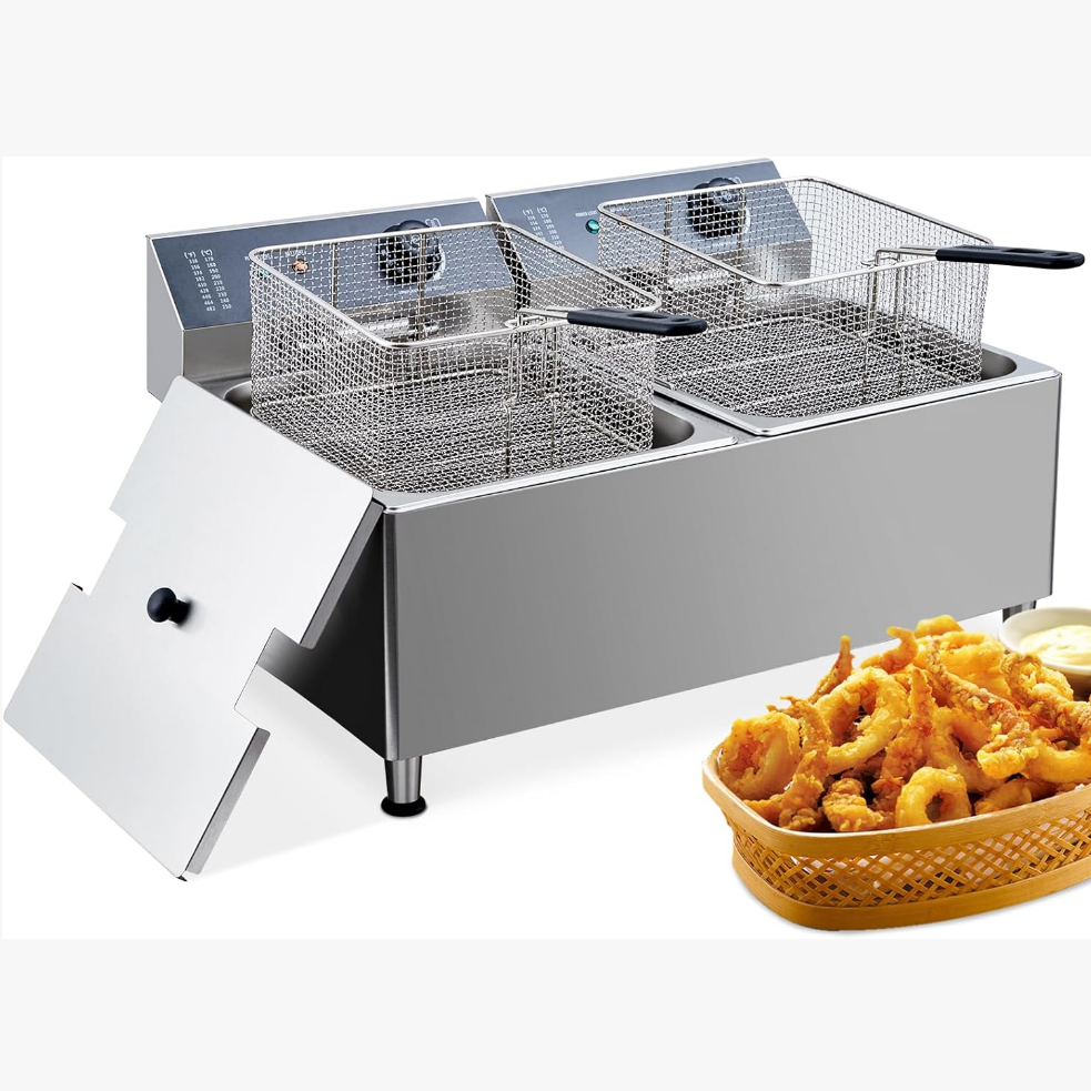 Garvee 23.2QT Deep fryer, Commercial Deep Fryer 22L Dual Tank Electric Deep Fryers with Basket Electric Countertop Fryer, for Extra Large Thick Frying Basket and Lid, 1700 W, 110V