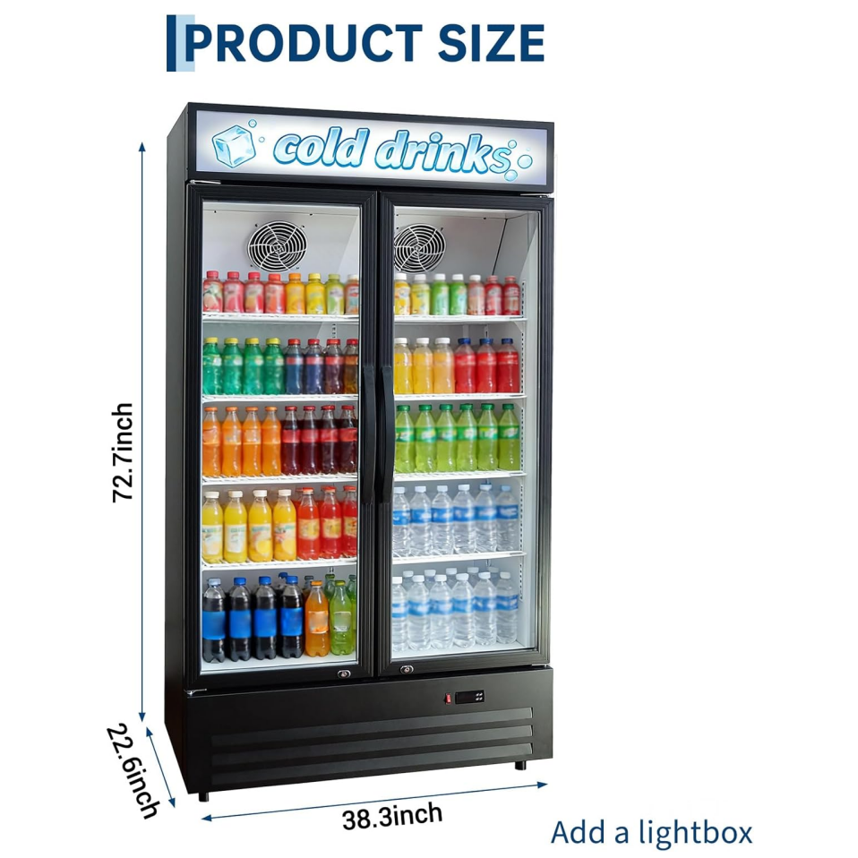 GARVEE 34.8 Cu.ft Double Door Commercial Beverage Cooler - 580-Can Glass Display Fridge | Frost-Free Air-Cooled, RGB Lights, Adjustable Shelves | for Bar/Restaurant/Store (Black)