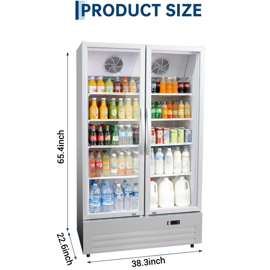 GARVEE 32.5 Cu.ft Double Door Commercial Beverage Cooler - 580-Can Glass Display Fridge | Frost-Free Air-Cooled, Automatic Door Rebound | for Bar/Restaurant/Supermarket (Silver)